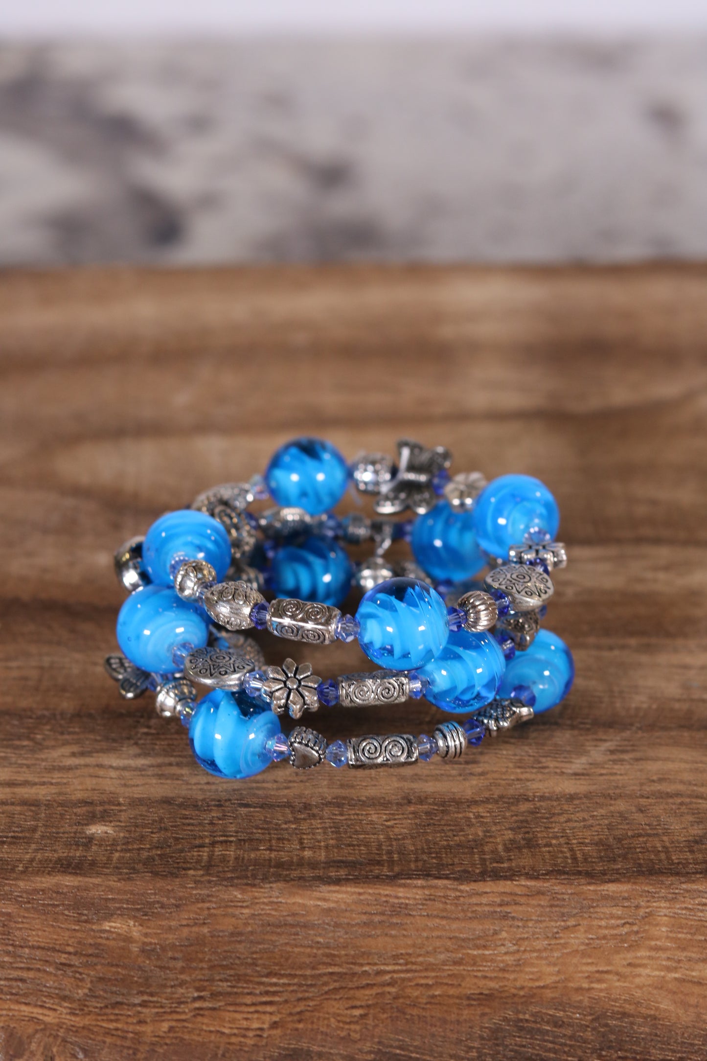 Electric Blue and Silver Memory Wire Bracelet