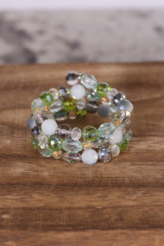 Green and Grey Crystal Memory Wire Bracelet