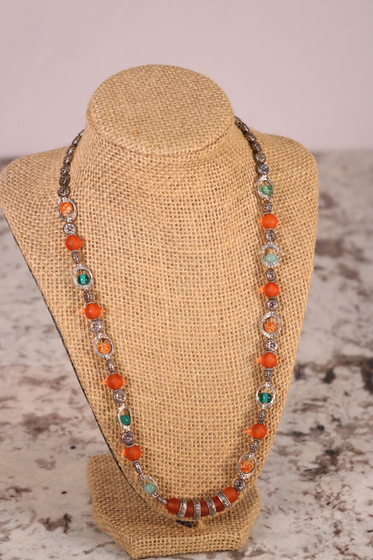 22" Silver with Orange and Green Bead Necklace