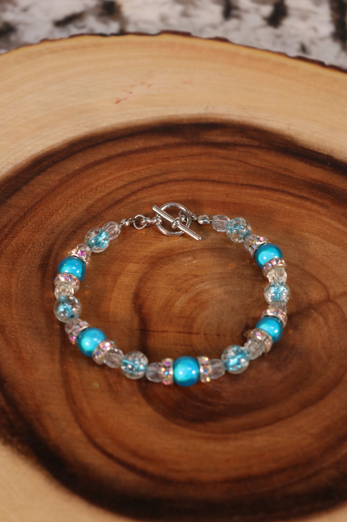 8 1/2" Iridescent Blue and Crystal Bracelet