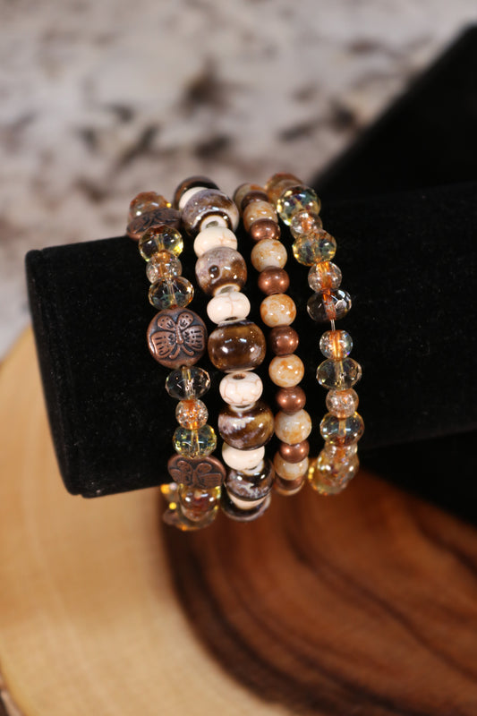 Medium Brown, White and Bronze Set of 4 Bracelets