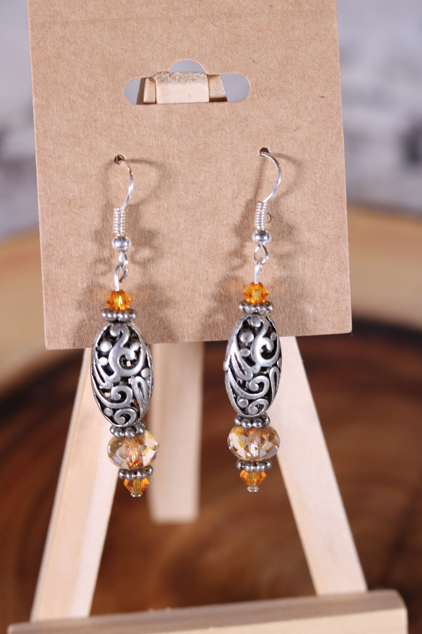 Silver Dangle Earrings with Orange Accents