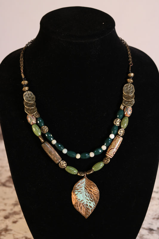 22 Inch Green and Antique Gold Necklace