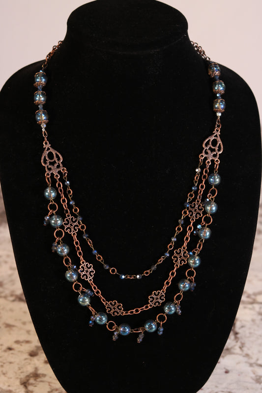 28 Inch Triple Strand Iridescent Blue Necklace