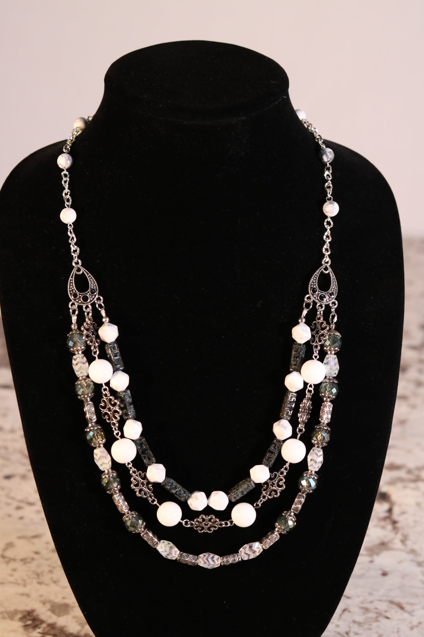 26 Inch Silver and White Triple Strand Necklace