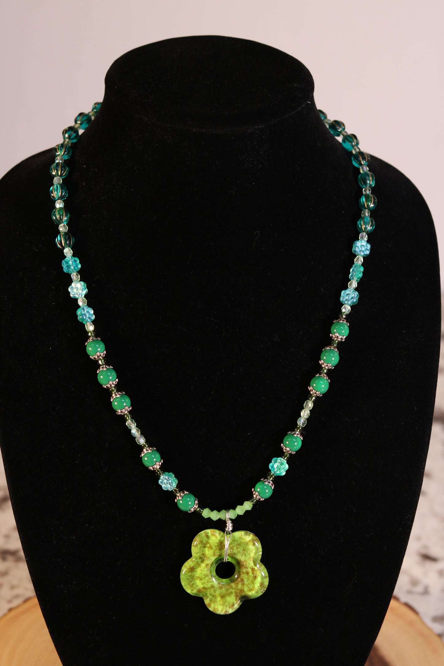 22" Green Necklace with Glass Flower Pendant