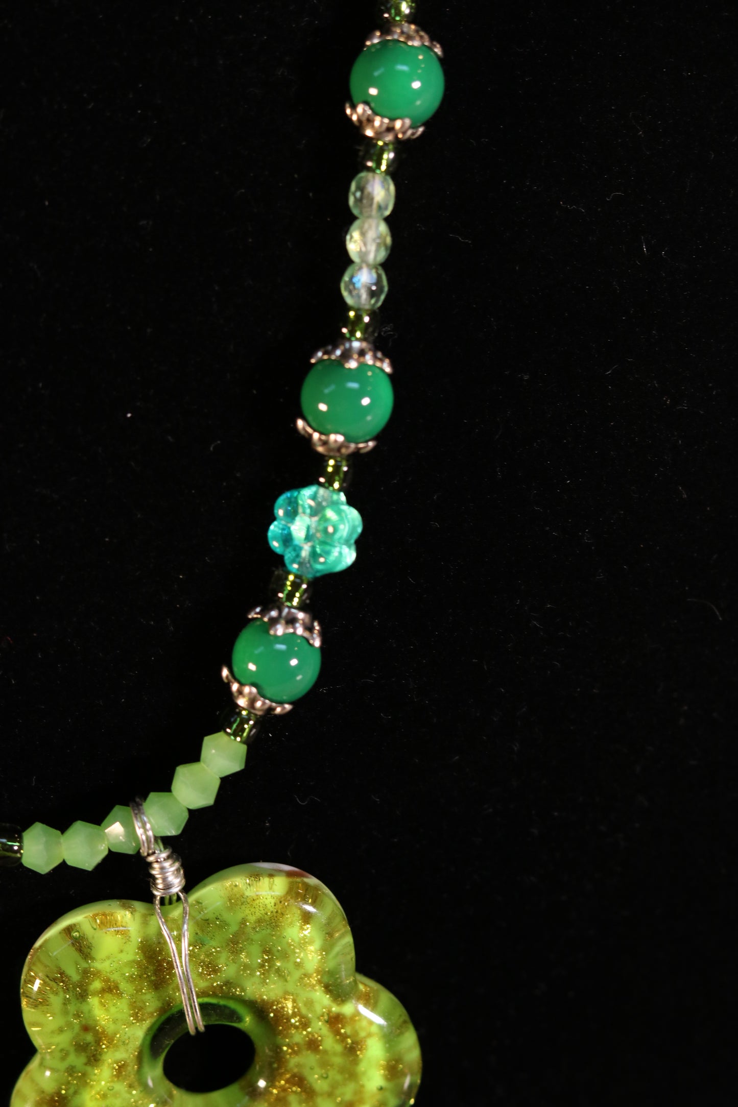 22" Green Necklace with Glass Flower Pendant