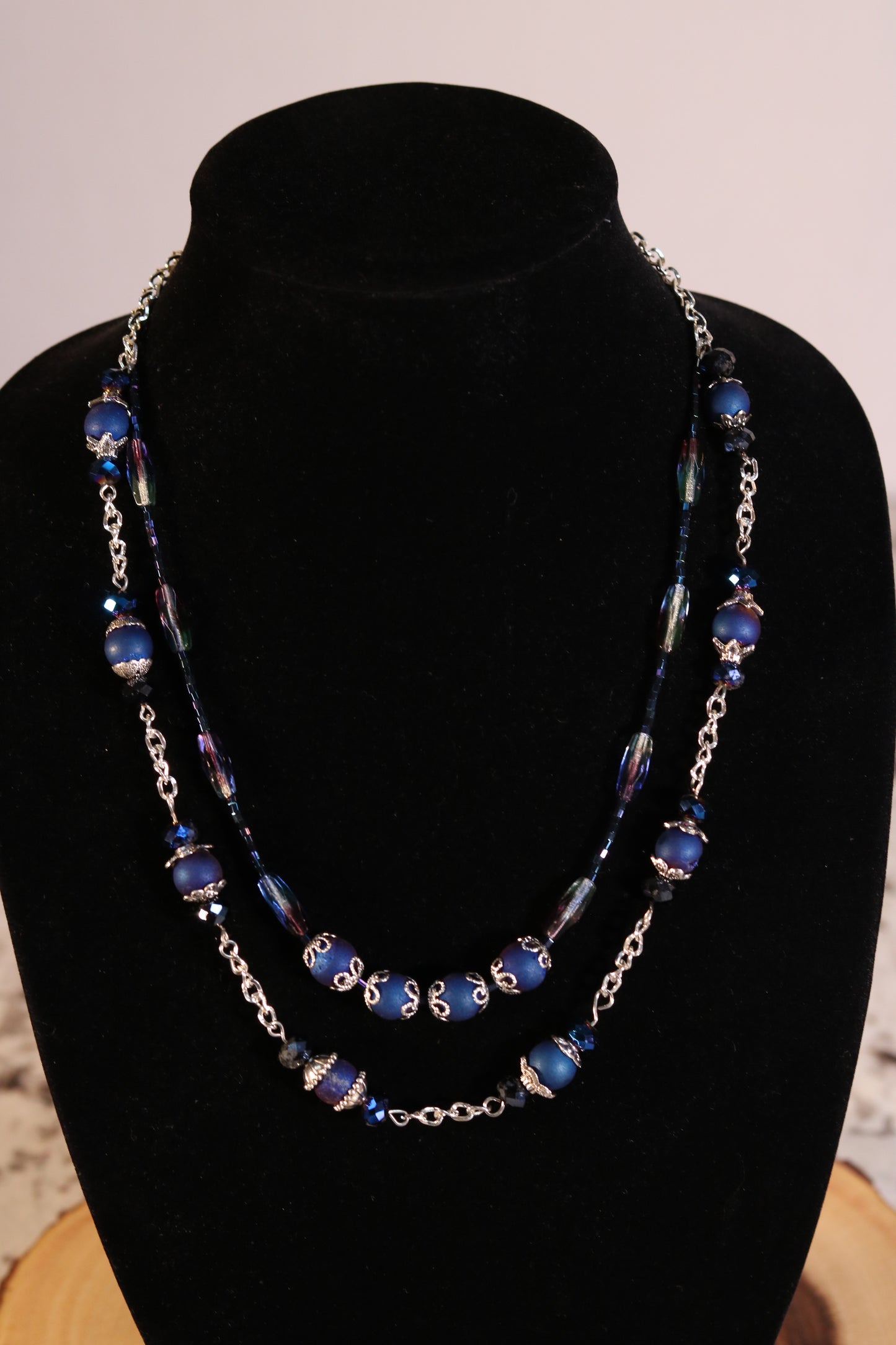 22 Inch Matte Blue Bead and Silver Necklace