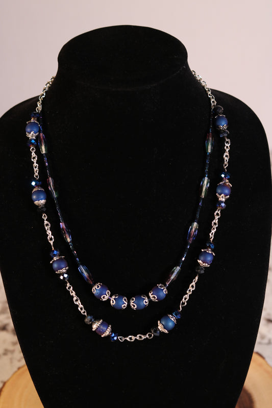 22 Inch Matte Blue Bead and Silver Necklace