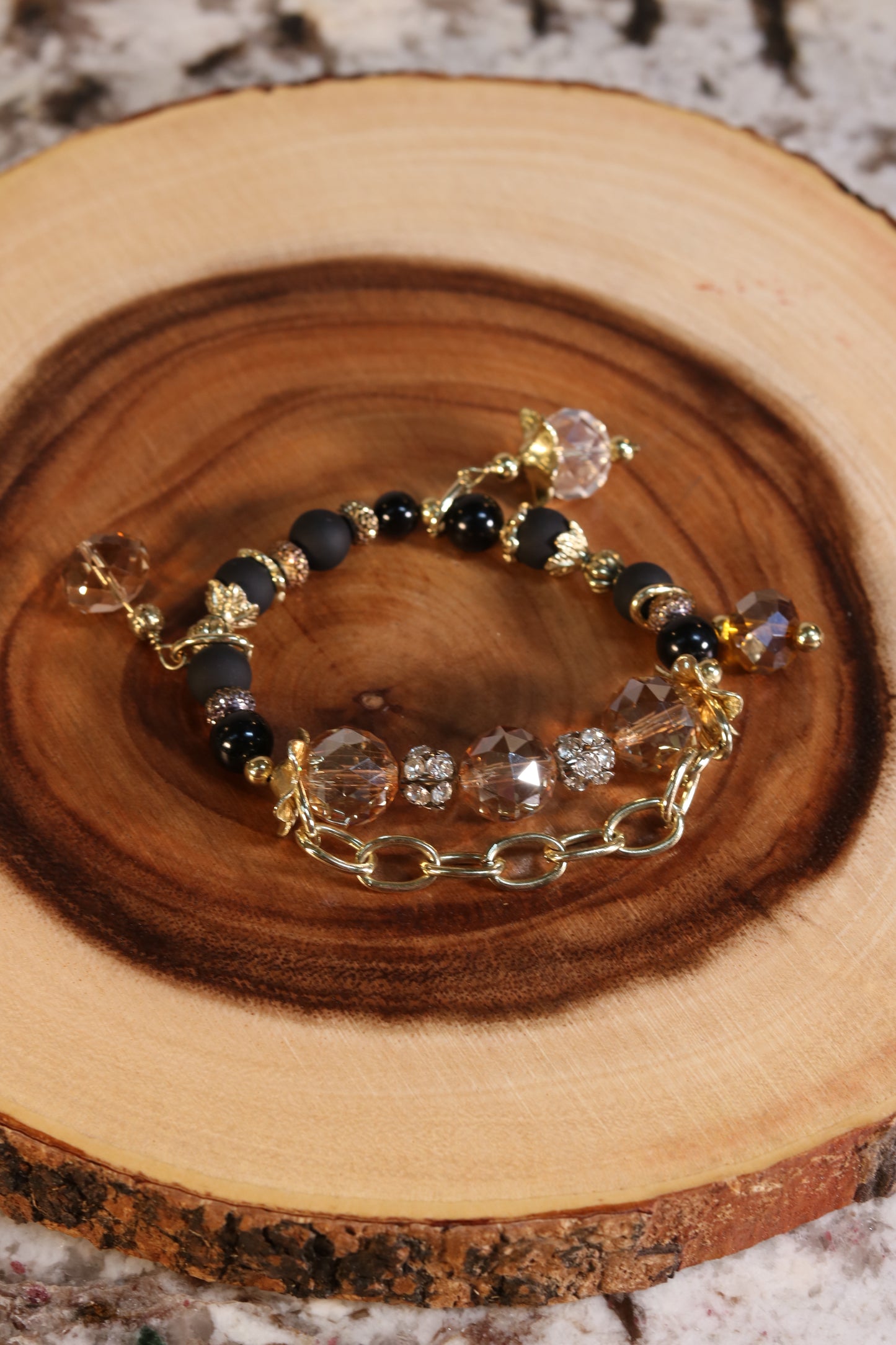 Black Stretch Bracelet with Gold Accents