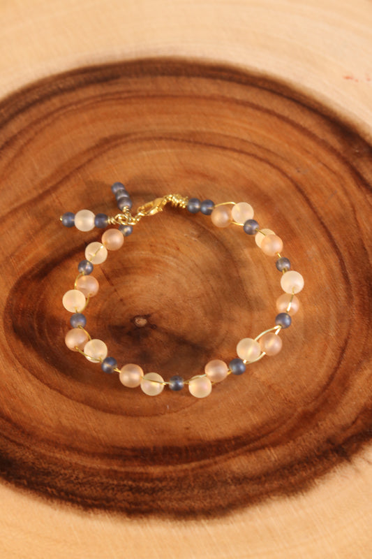 Gold Wire Bracelet with Blue and Opaque Beads