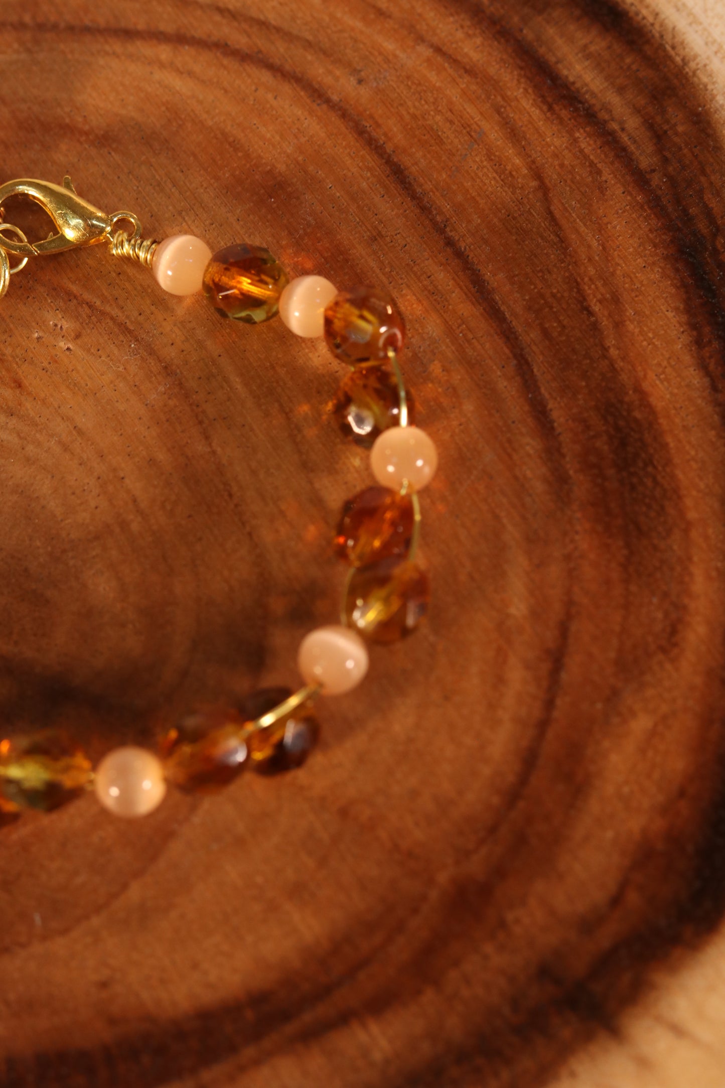 Gold Wire Bracelet with Brown and Pink Beads