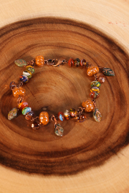 8 Inch Fall Charm Bracelet with Pumpkin Beads