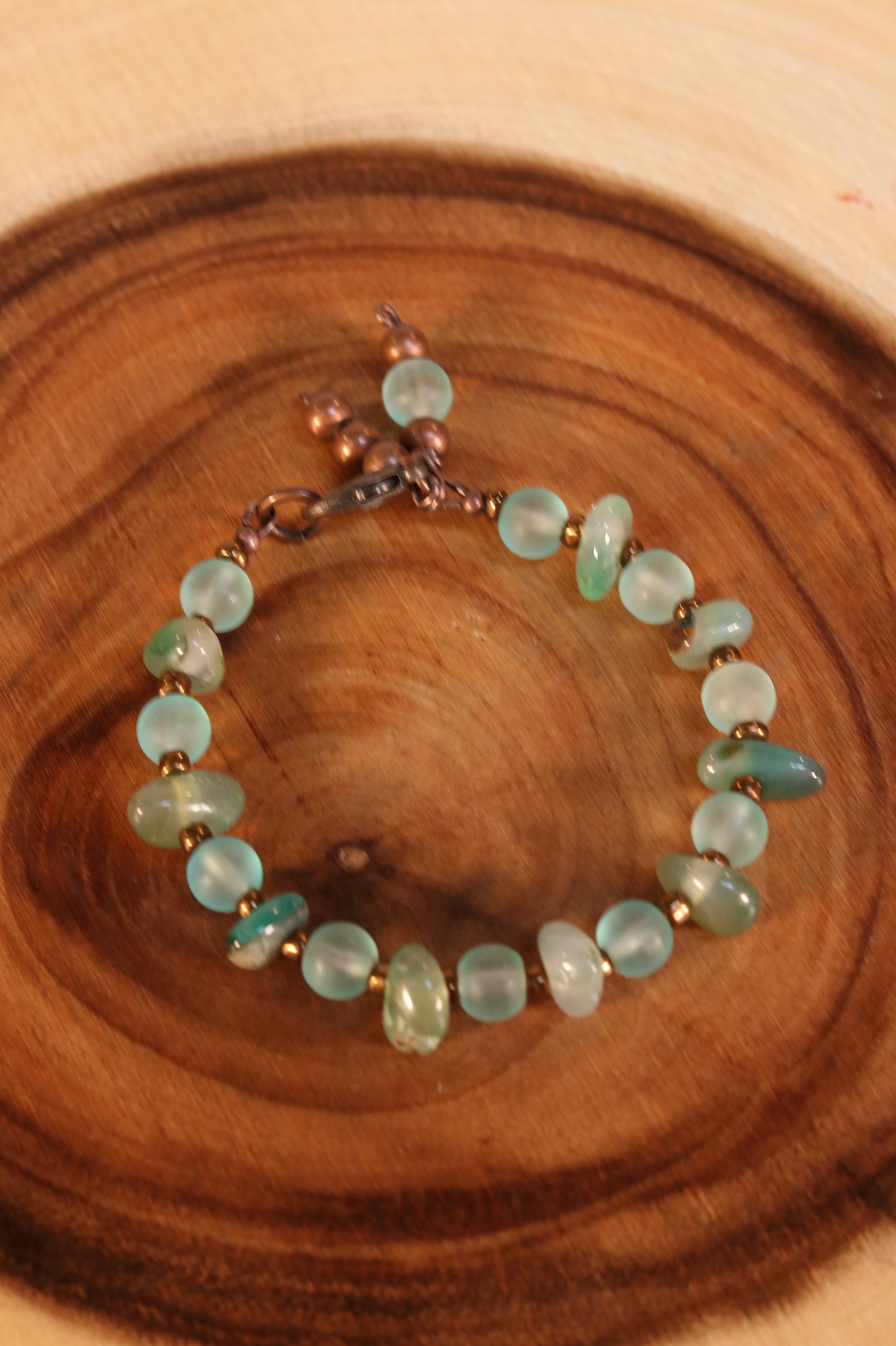 8 Inch Sea Glass Green Bracelet with Bronze Accents