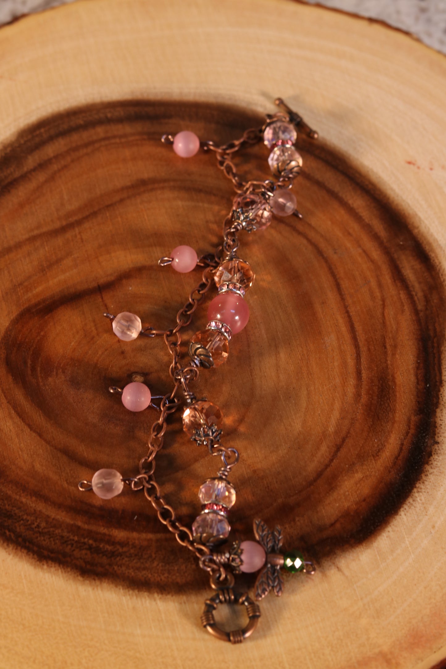 8 Inch Unique Pink and Bronze Bracelet