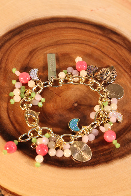 8 Inch Gold, Pink and Green Charm Bracelet