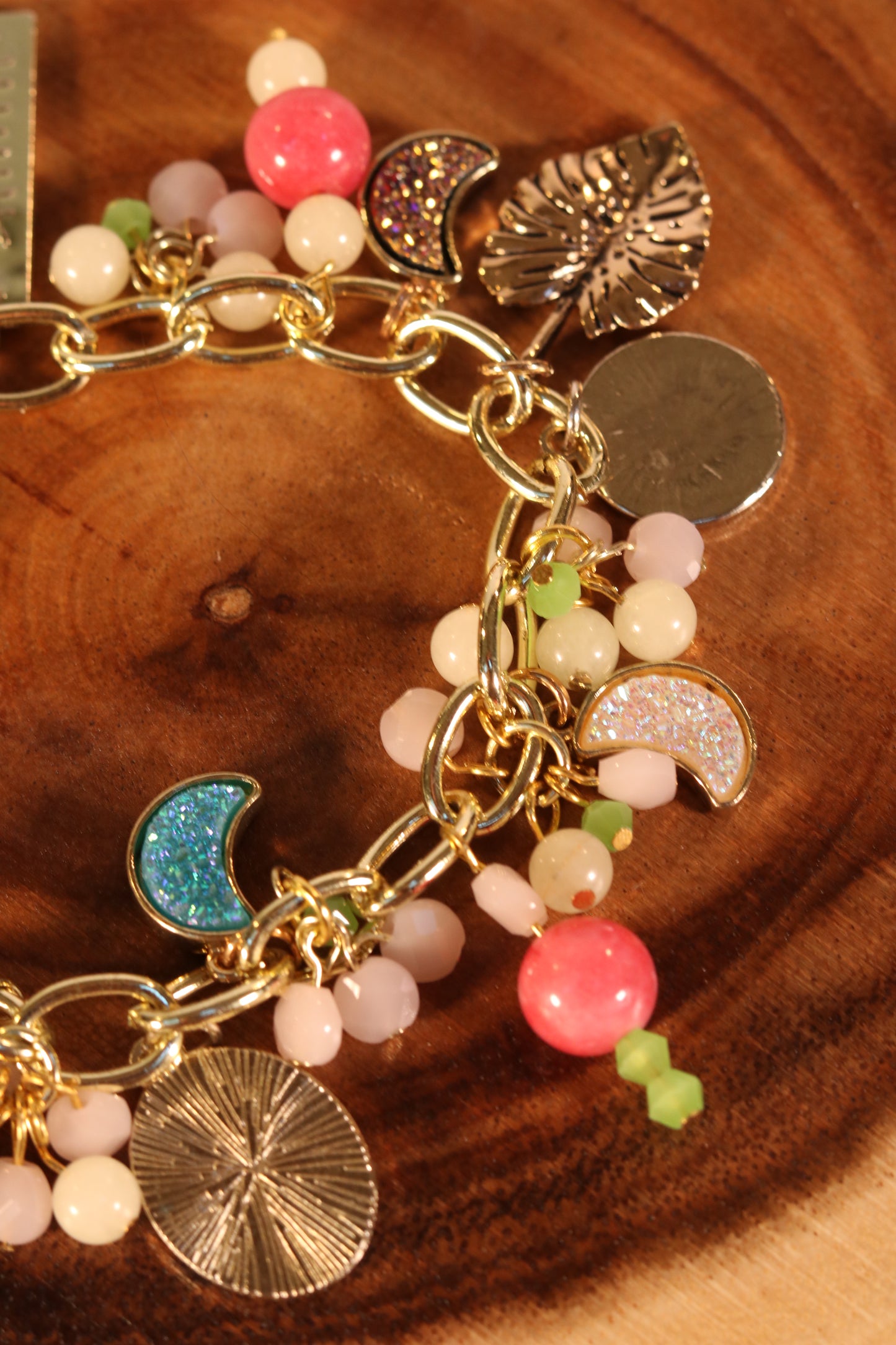 8 Inch Gold, Pink and Green Charm Bracelet