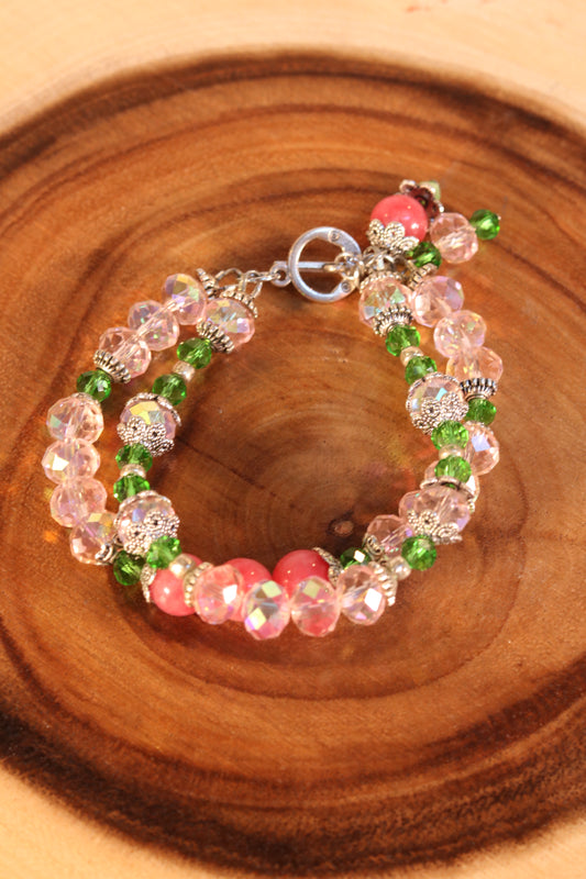 8 Inch Double Strand Pink and Green Bracelet