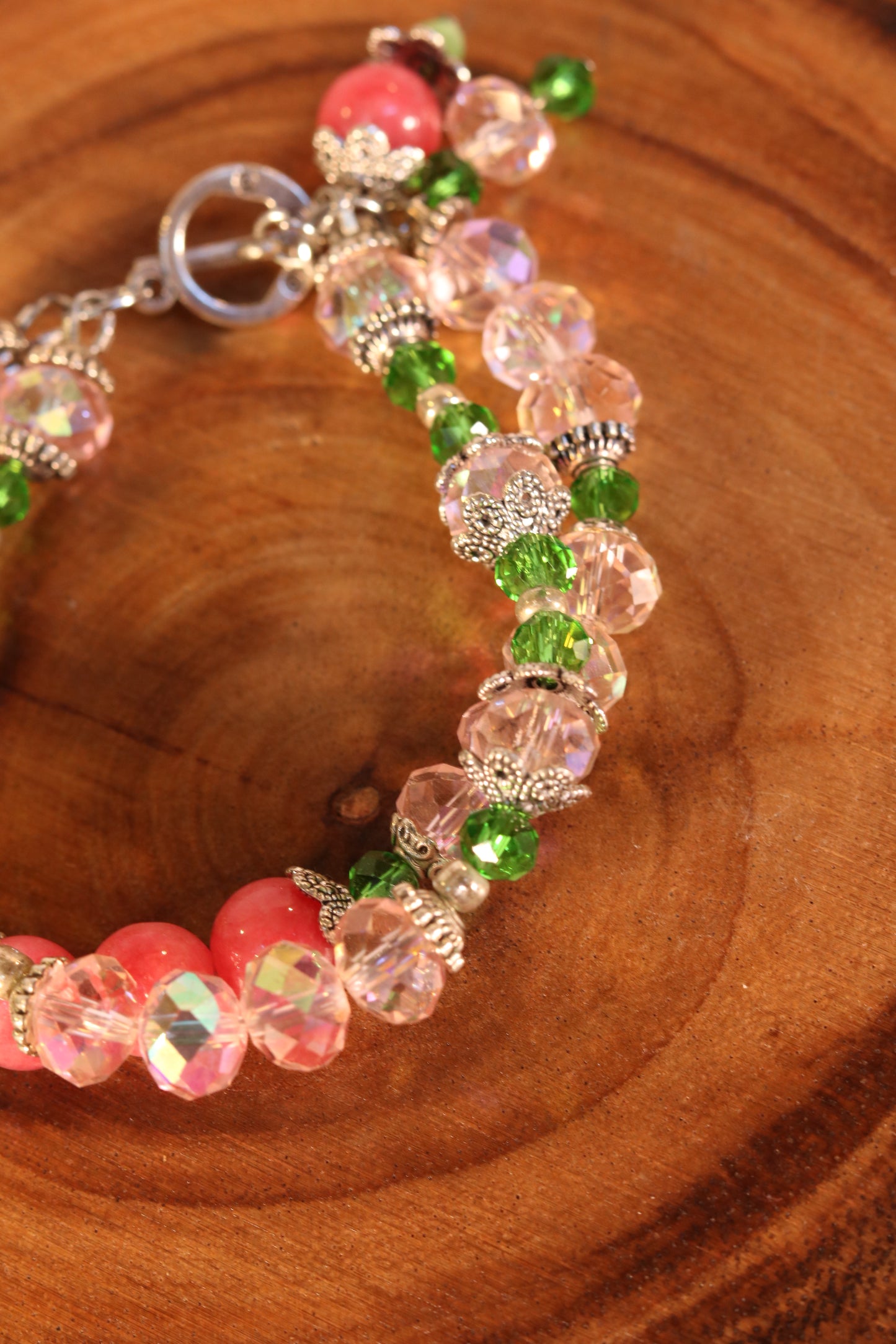 8 Inch Double Strand Pink and Green Bracelet