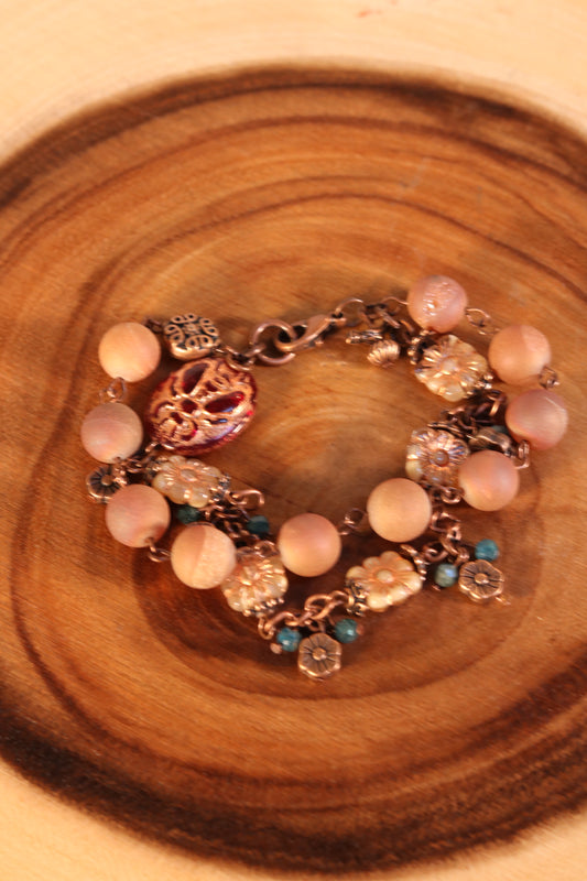 8 Inch Double Strand Flower and Bronze Bracelet