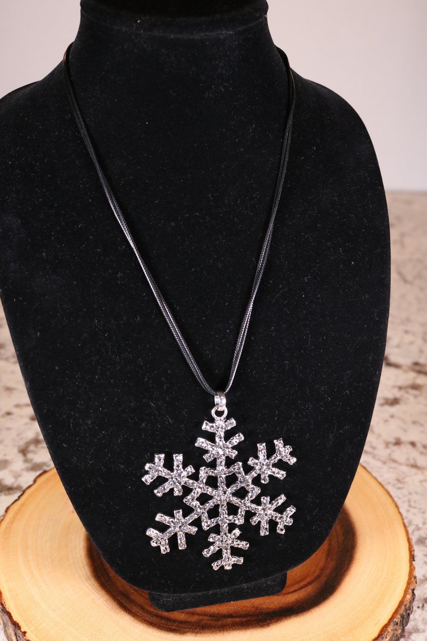 30" Silver Textured Snowflake Necklace