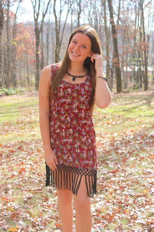 Floral Tank Dress with Fringe Hem