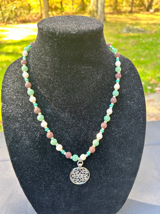 Brown and Green Necklace with Silver Pendant