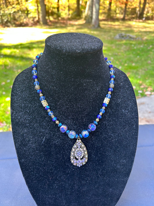 Crystal Blue Necklace with Metal Accents