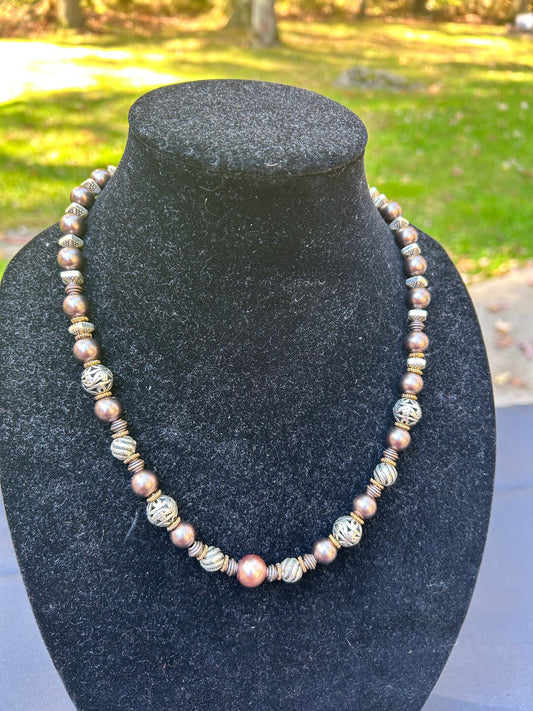 Bronze and Metal Pearl Necklace