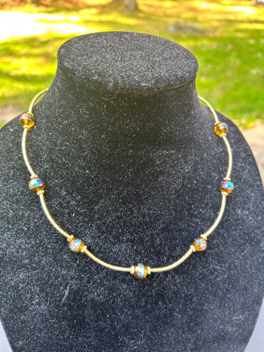 Gold and Iridescent Bead Necklace