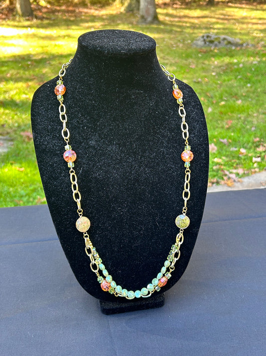 28" Gold, Green and Orange Necklace