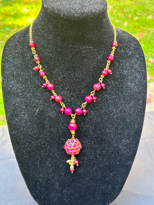 Pink and Gold Necklace with Crystal Pendant