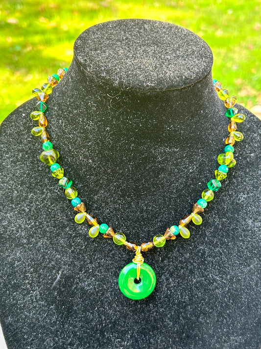 Green, Gold and Brown Necklace with Green Pendant