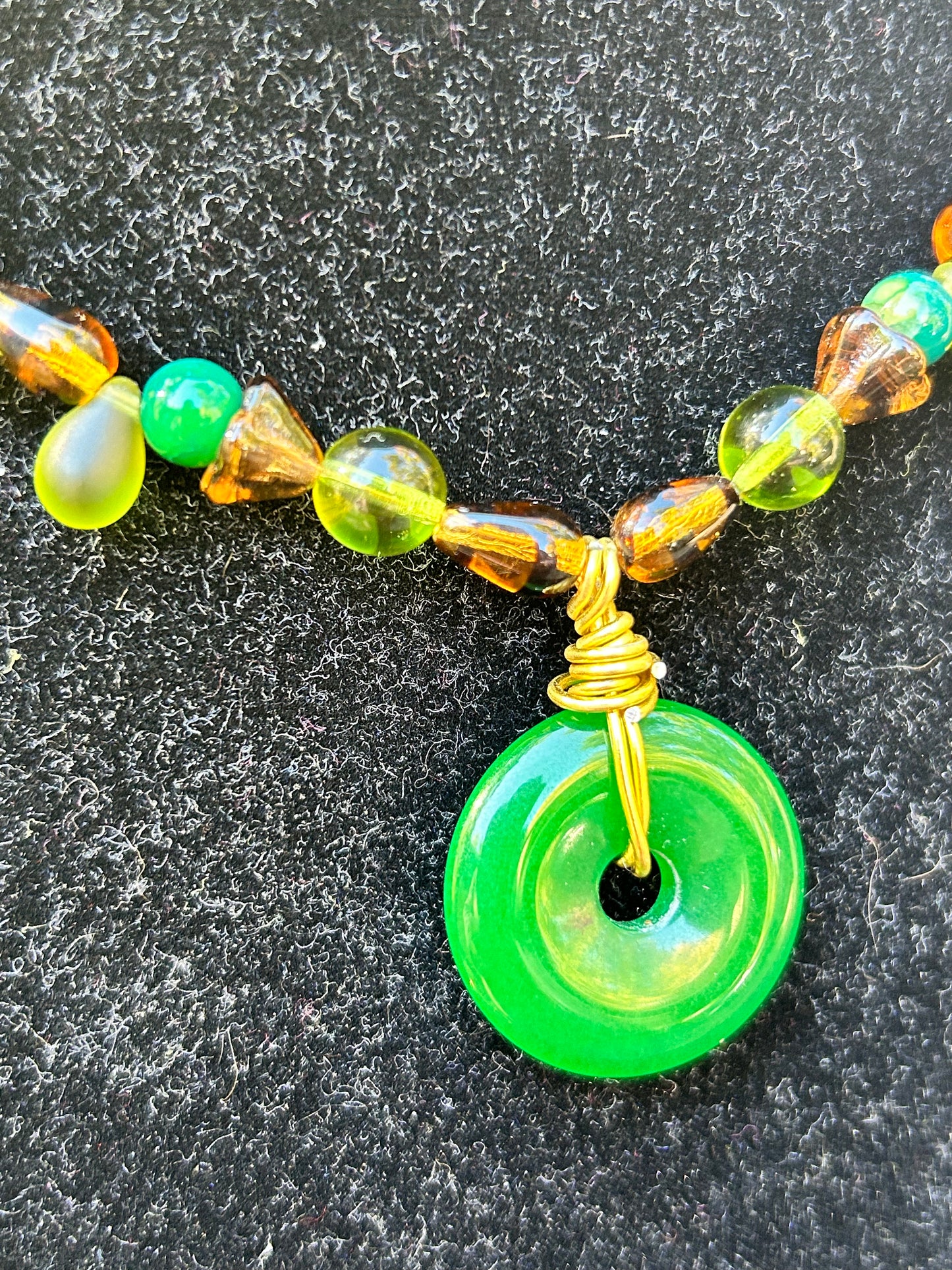 Green, Gold and Brown Necklace with Green Pendant