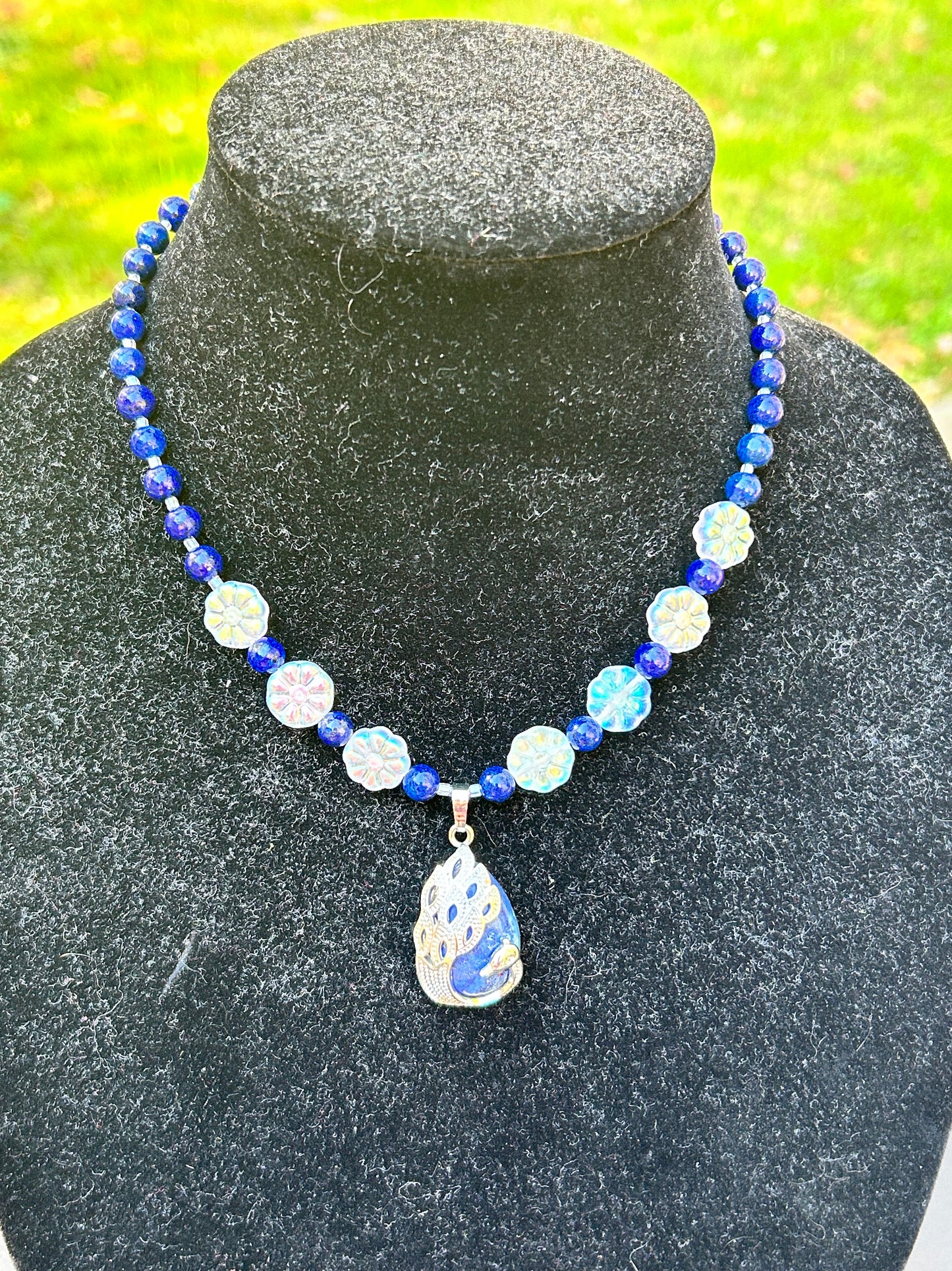 Blue and Silver Peacock Necklace