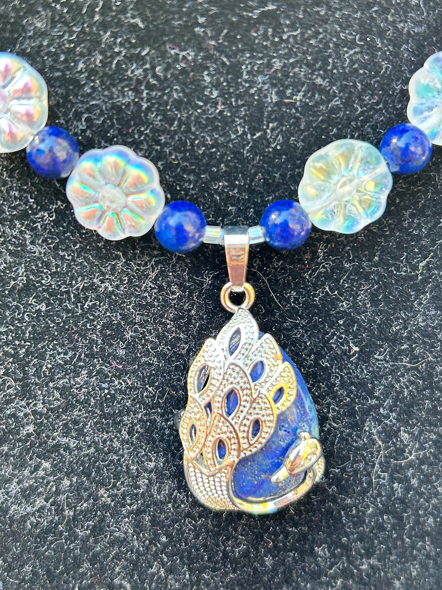 Blue and Silver Peacock Necklace