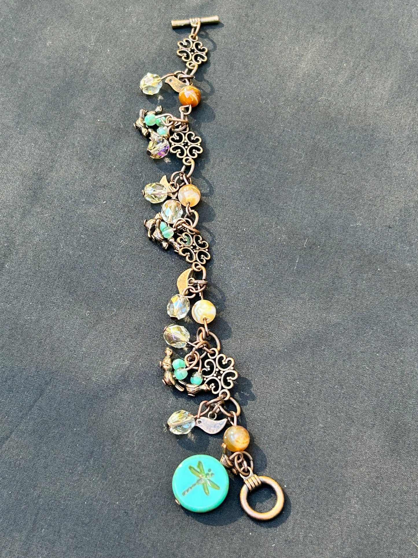 Unique Bronze Charm Bracelet with Dragonfly