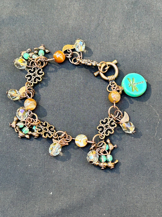 Unique Bronze Charm Bracelet with Dragonfly