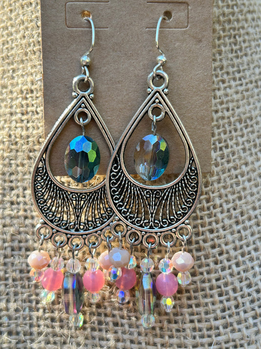 Silver Chandelier Earrings with Pink Accents